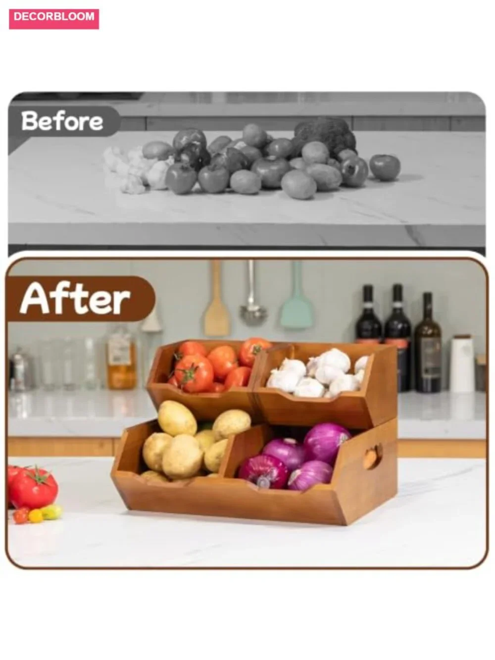 Wooden Stackable Pantry Storage Bins Set of 3 Kitchen Produce Organizer